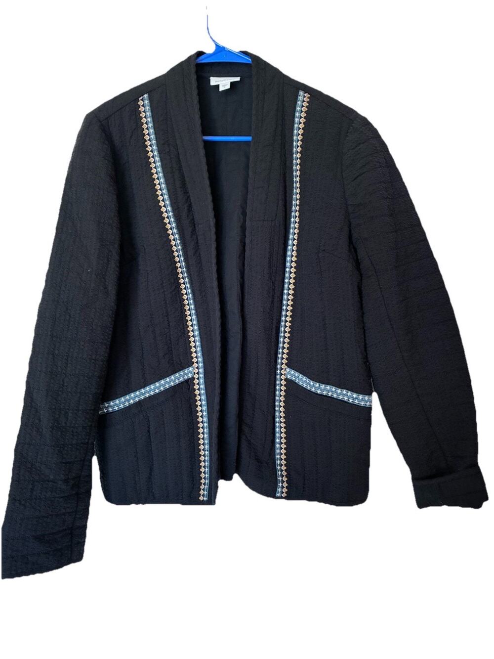 Pure Jill Seersucker Quilted Jacket Womens Size M Black Open Front Blazer